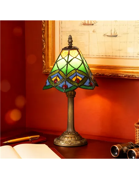 HOMCOM Tiffany-Style Table Lamp with Geometric Patterns, Handcrafted Antique Stained Glass Bedside Lamp for Living Room and Bedr