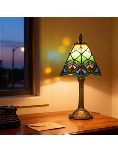 HOMCOM Tiffany-Style Table Lamp with Geometric Patterns, Handcrafted Antique Stained Glass Bedside Lamp for Living Room and Bedr