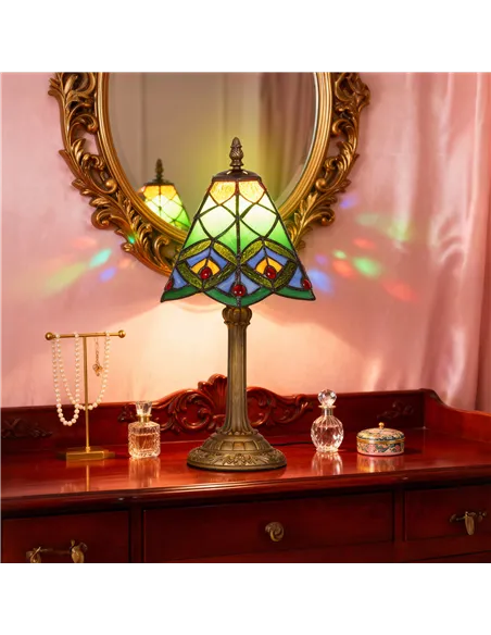 HOMCOM Tiffany-Style Table Lamp with Geometric Patterns, Handcrafted Antique Stained Glass Bedside Lamp for Living Room and Bedr