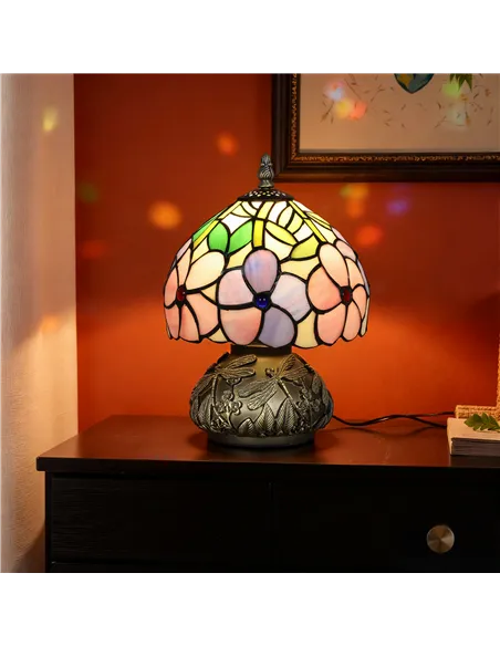 HOMCOM Tiffany-Style Table Lamp with Sculpted Dragonfly Base, Handcrafted Antique Stained Glass Bedside Lamp for Living Room and