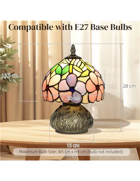 HOMCOM Tiffany-Style Table Lamp with Sculpted Dragonfly Base, Handcrafted Antique Stained Glass Bedside Lamp for Living Room and