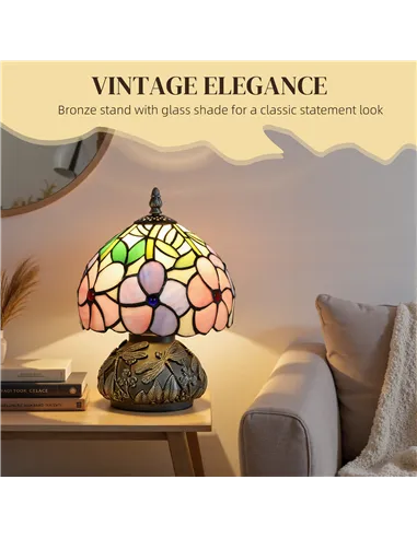 HOMCOM Tiffany-Style Table Lamp with Sculpted Dragonfly Base, Handcrafted Antique Stained Glass Bedside Lamp for Living Room and