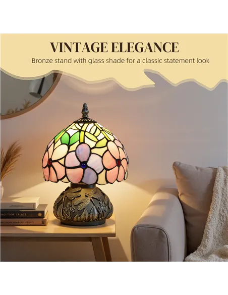 HOMCOM Tiffany-Style Table Lamp with Sculpted Dragonfly Base, Handcrafted Antique Stained Glass Bedside Lamp for Living Room and