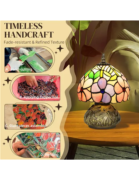 HOMCOM Tiffany-Style Table Lamp with Sculpted Dragonfly Base, Handcrafted Antique Stained Glass Bedside Lamp for Living Room and