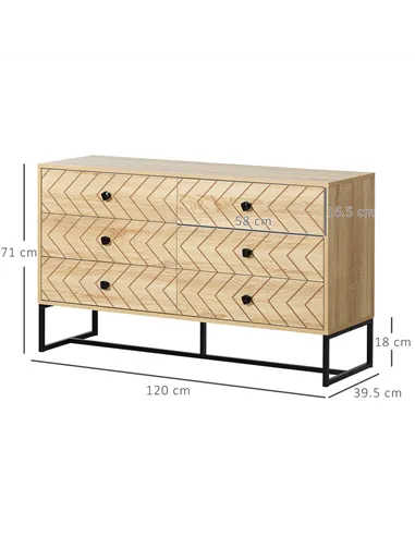 HOMCOM Bedroom Chest of Drawers, 6 Drawer Dresser, Sideboard Cabinet with Zigzag Design and Metal Base, Storage Drawer Unit, 120