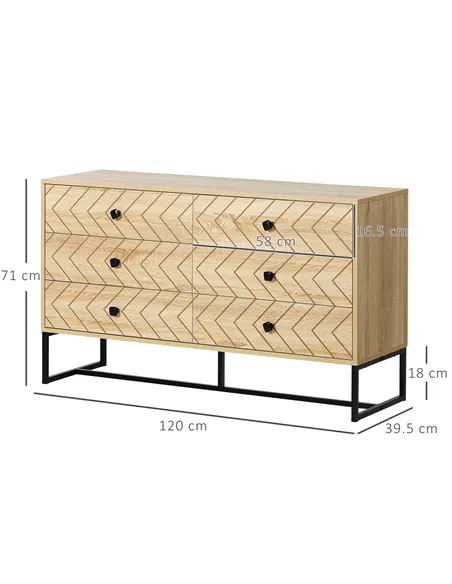 HOMCOM Bedroom Chest of Drawers, 6 Drawer Dresser, Sideboard Cabinet with Zigzag Design and Metal Base, Storage Drawer Unit, 120