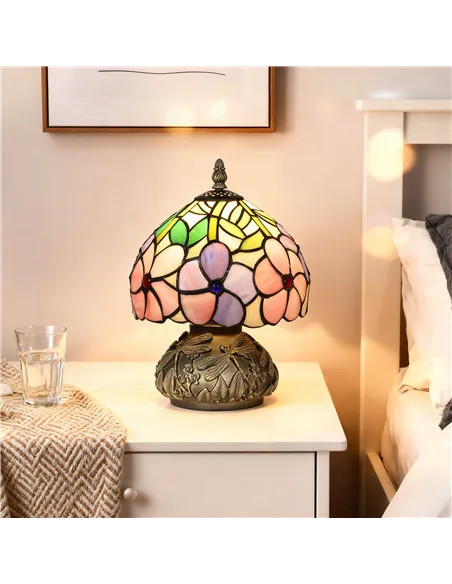 HOMCOM Tiffany-Style Table Lamp with Sculpted Dragonfly Base, Handcrafted Antique Stained Glass Bedside Lamp for Living Room and
