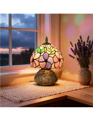 HOMCOM Tiffany-Style Table Lamp with Sculpted Dragonfly Base, Handcrafted Antique Stained Glass Bedside Lamp for Living Room and
