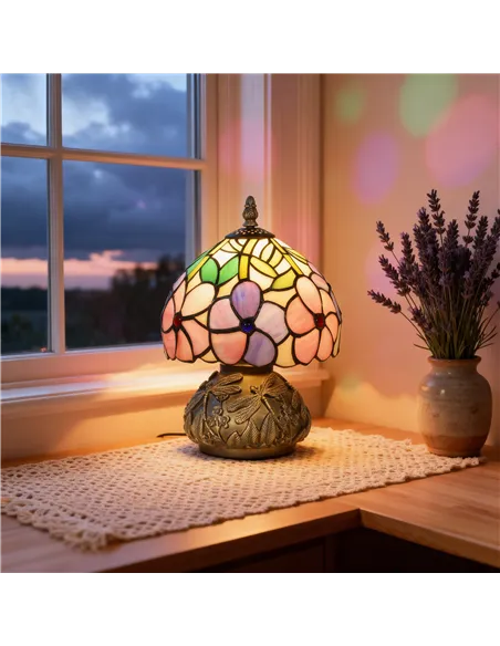 HOMCOM Tiffany-Style Table Lamp with Sculpted Dragonfly Base, Handcrafted Antique Stained Glass Bedside Lamp for Living Room and