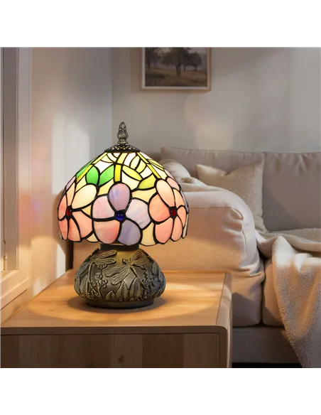 HOMCOM Tiffany-Style Table Lamp with Sculpted Dragonfly Base, Handcrafted Antique Stained Glass Bedside Lamp for Living Room and