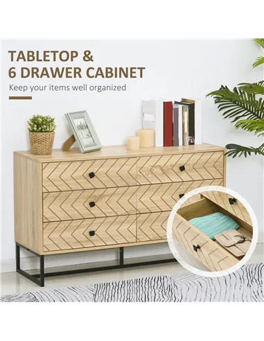 HOMCOM Bedroom Chest of Drawers, 6 Drawer Dresser, Sideboard Cabinet with Zigzag Design and Metal Base, Storage Drawer Unit, 120
