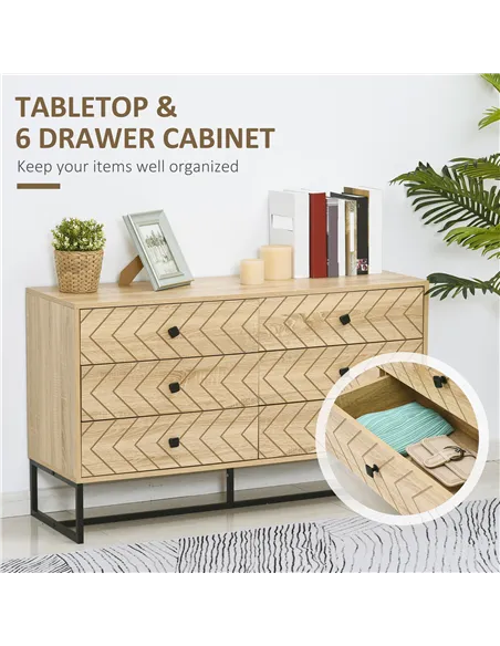 HOMCOM Bedroom Chest of Drawers, 6 Drawer Dresser, Sideboard Cabinet with Zigzag Design and Metal Base, Storage Drawer Unit, 120