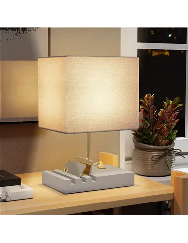 HOMCOM Bedside Lamp with USB A+C Charging Ports and 3 Phone Stands, Modern Table Lamp with Solid Wood Base and Fabric Shade for 