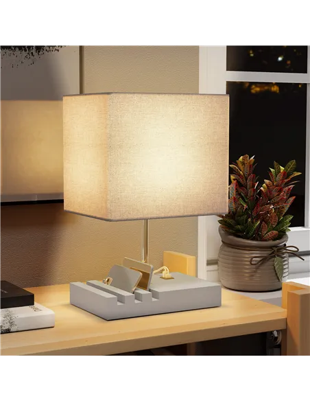 HOMCOM Bedside Lamp with USB A+C Charging Ports and 3 Phone Stands, Modern Table Lamp with Solid Wood Base and Fabric Shade for 