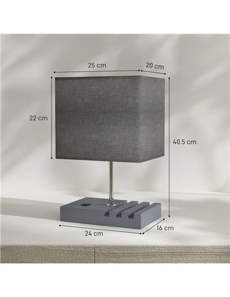 HOMCOM Bedside Lamp with USB A+C Charging Ports and 3 Phone Stands, Modern Table Lamp with Solid Wood Base and Fabric Shade for 