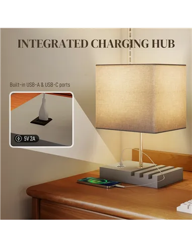 HOMCOM Bedside Lamp with USB A+C Charging Ports and 3 Phone Stands, Modern Table Lamp with Solid Wood Base and Fabric Shade for 