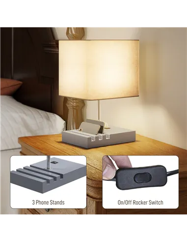 HOMCOM Bedside Lamp with USB A+C Charging Ports and 3 Phone Stands, Modern Table Lamp with Solid Wood Base and Fabric Shade for 