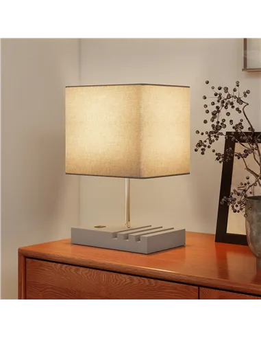 HOMCOM Bedside Lamp with USB A+C Charging Ports and 3 Phone Stands, Modern Table Lamp with Solid Wood Base and Fabric Shade for 