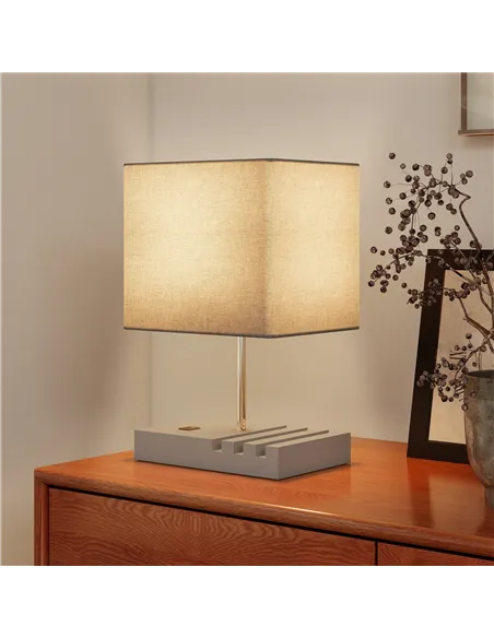 HOMCOM Bedside Lamp with USB A+C Charging Ports and 3 Phone Stands, Modern Table Lamp with Solid Wood Base and Fabric Shade for 