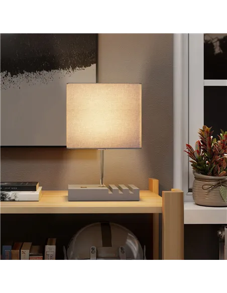 HOMCOM Bedside Lamp with USB A+C Charging Ports and 3 Phone Stands, Modern Table Lamp with Solid Wood Base and Fabric Shade for 