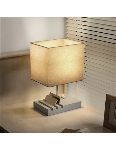 HOMCOM Bedside Lamp with USB A+C Charging Ports and 3 Phone Stands, Modern Table Lamp with Solid Wood Base and Fabric Shade for 