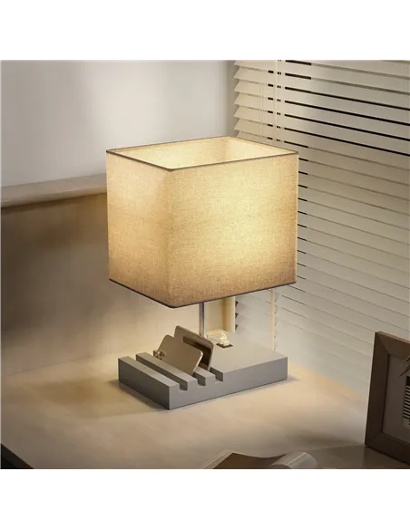 HOMCOM Bedside Lamp with USB A+C Charging Ports and 3 Phone Stands, Modern Table Lamp with Solid Wood Base and Fabric Shade for 