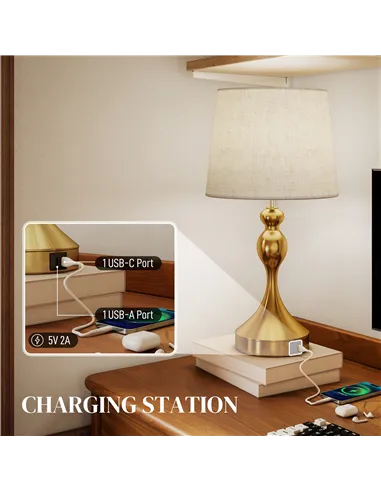 HOMCOM Bedside Lamps Set of 2, Modern Table Lamps with 3 Colour Temperatures, USB A+C Charging Ports and Linen Shade for Living 