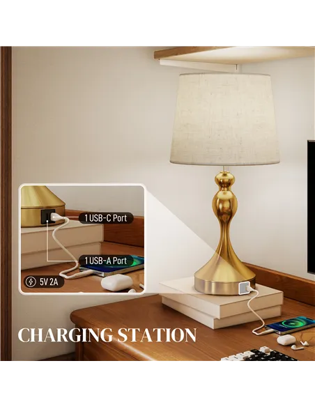 HOMCOM Bedside Lamps Set of 2, Modern Table Lamps with 3 Colour Temperatures, USB A+C Charging Ports and Linen Shade for Living 