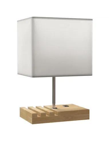 HOMCOM Bedside Lamp with USB A+C Charging Ports and 3 Phone Stands, Modern Table Lamp with Solid Wood Base and Fabric Shade for 