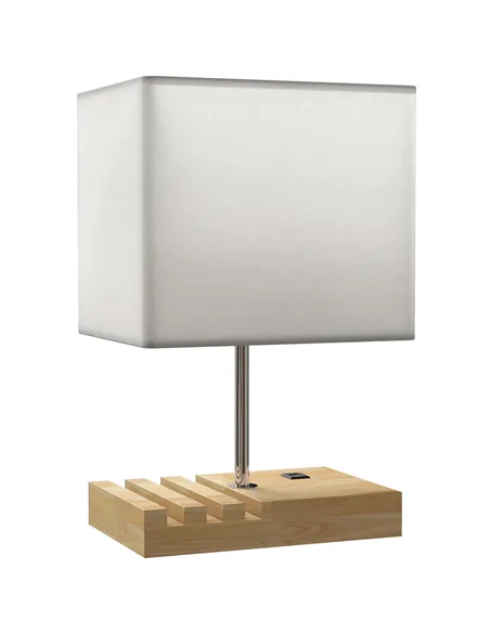 HOMCOM Bedside Lamp with USB A+C Charging Ports and 3 Phone Stands, Modern Table Lamp with Solid Wood Base and Fabric Shade for 