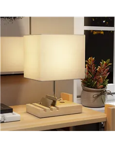 HOMCOM Bedside Lamp with USB A+C Charging Ports and 3 Phone Stands, Modern Table Lamp with Solid Wood Base and Fabric Shade for  2