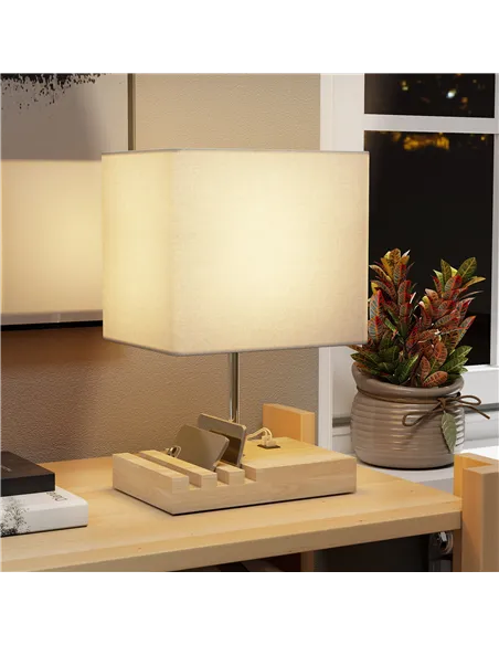 HOMCOM Bedside Lamp with USB A+C Charging Ports and 3 Phone Stands, Modern Table Lamp with Solid Wood Base and Fabric Shade for 