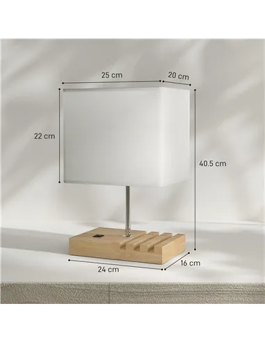 HOMCOM Bedside Lamp with USB A+C Charging Ports and 3 Phone Stands, Modern Table Lamp with Solid Wood Base and Fabric Shade for 