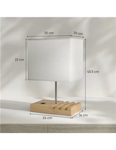 HOMCOM Bedside Lamp with USB A+C Charging Ports and 3 Phone Stands, Modern Table Lamp with Solid Wood Base and Fabric Shade for 