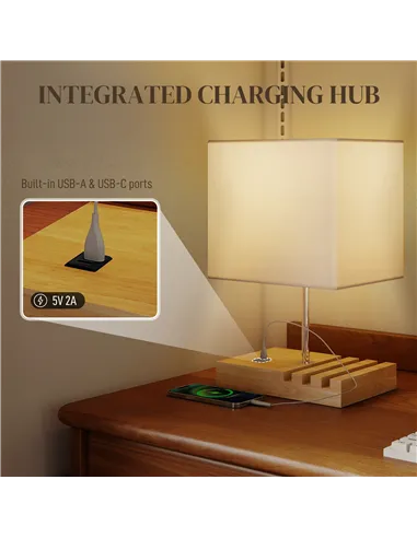 HOMCOM Bedside Lamp with USB A+C Charging Ports and 3 Phone Stands, Modern Table Lamp with Solid Wood Base and Fabric Shade for 