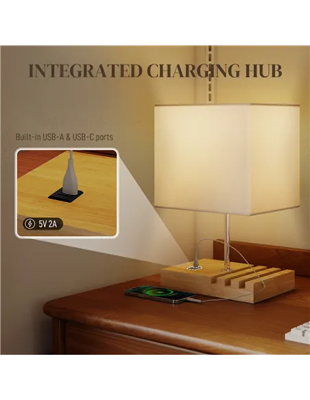 HOMCOM Bedside Lamp with USB A+C Charging Ports and 3 Phone Stands, Modern Table Lamp with Solid Wood Base and Fabric Shade for 