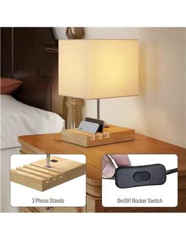 HOMCOM Bedside Lamp with USB A+C Charging Ports and 3 Phone Stands, Modern Table Lamp with Solid Wood Base and Fabric Shade for 