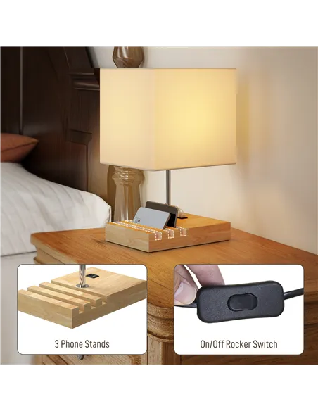 HOMCOM Bedside Lamp with USB A+C Charging Ports and 3 Phone Stands, Modern Table Lamp with Solid Wood Base and Fabric Shade for 