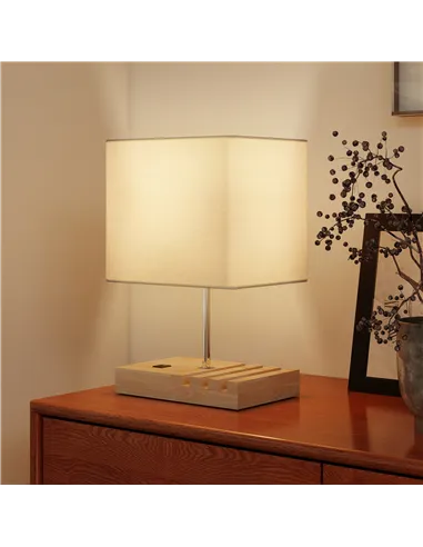 HOMCOM Bedside Lamp with USB A+C Charging Ports and 3 Phone Stands, Modern Table Lamp with Solid Wood Base and Fabric Shade for 