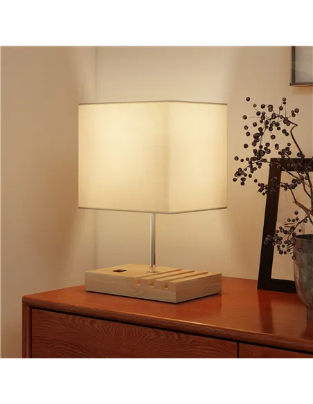 HOMCOM Bedside Lamp with USB A+C Charging Ports and 3 Phone Stands, Modern Table Lamp with Solid Wood Base and Fabric Shade for 