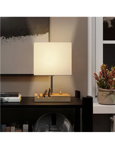 HOMCOM Bedside Lamp with USB A+C Charging Ports and 3 Phone Stands, Modern Table Lamp with Solid Wood Base and Fabric Shade for 