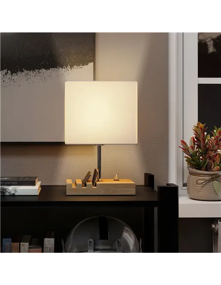 HOMCOM Bedside Lamp with USB A+C Charging Ports and 3 Phone Stands, Modern Table Lamp with Solid Wood Base and Fabric Shade for 