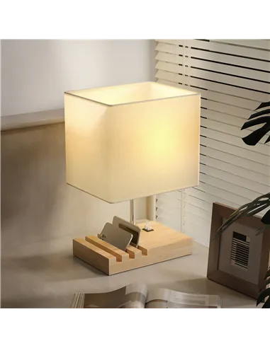 HOMCOM Bedside Lamp with USB A+C Charging Ports and 3 Phone Stands, Modern Table Lamp with Solid Wood Base and Fabric Shade for 