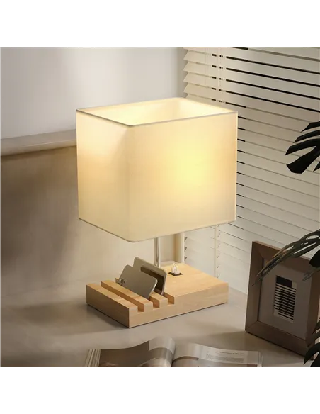 HOMCOM Bedside Lamp with USB A+C Charging Ports and 3 Phone Stands, Modern Table Lamp with Solid Wood Base and Fabric Shade for 