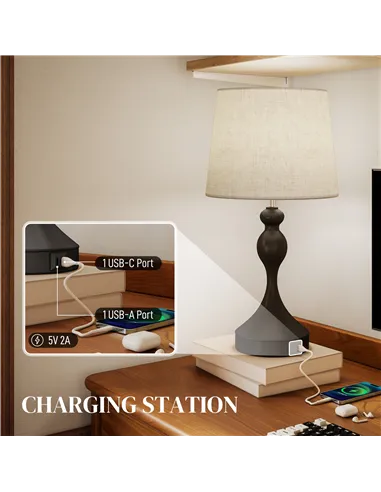 HOMCOM Set of Two Three-Colour Lamps, with USB Ports - Black/Beige