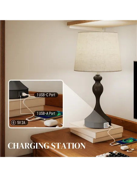 HOMCOM Set of Two Three-Colour Lamps, with USB Ports - Black/Beige