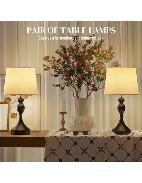 HOMCOM Set of Two Three-Colour Lamps, with USB Ports - Black/Beige