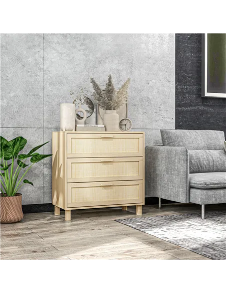 HOMCOM Rattan Bedroom Chest of Drawers, 3 Drawers Storage Unit, Boho Dresser for Living Room, Hallway, Natural