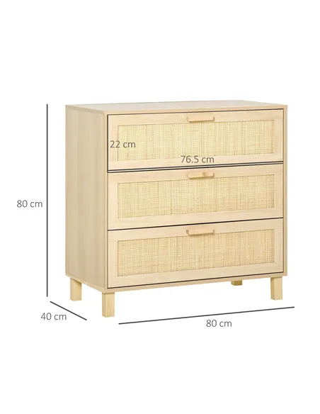 HOMCOM Rattan Bedroom Chest of Drawers, 3 Drawers Storage Unit, Boho Dresser for Living Room, Hallway, Natural