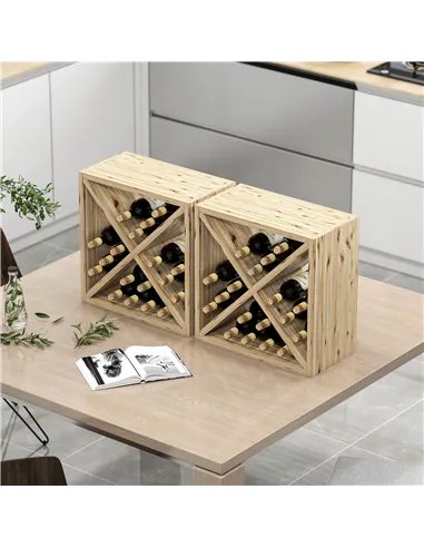 HOMCOM Set of 2 Wooden Wine Rack, X-Shaped Square Tabletop Storage Holder for 24 Bottle, Natural Wood